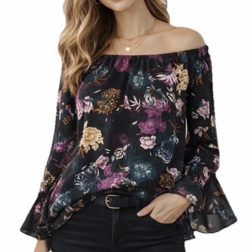 INC XS Black Floral Off Shoulder Ruffle Blouse